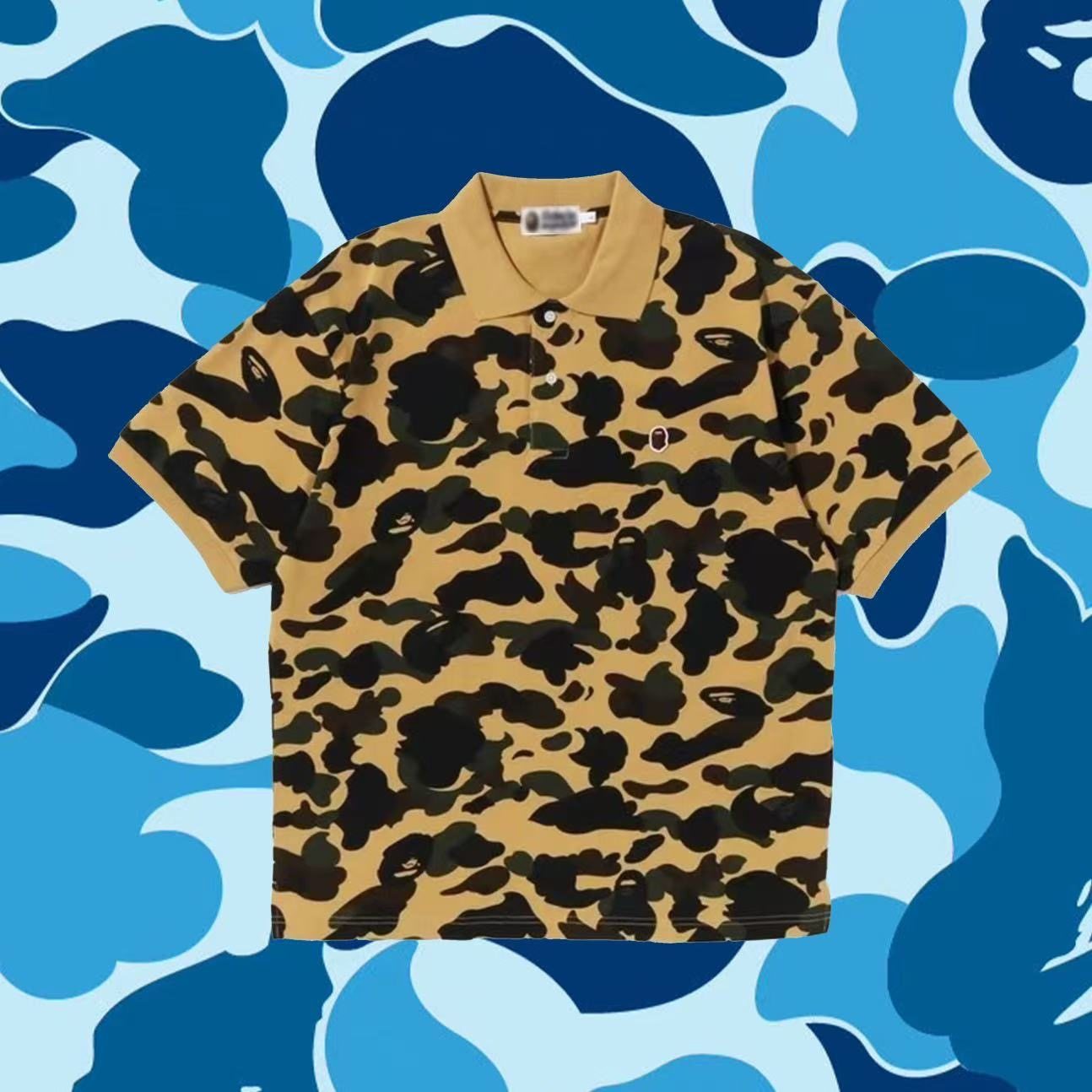 thumbnail for Ape Man MADE Ape Man Neighbor Yellow and Green Camouflage Shark Hollow Patch Embroidery Cartoon Cute Short Sleeve Polo Shirt