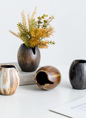 矮风桌面禅意水养客厅中式做旧侘寂装饰干花陶瓷花瓶小摆件复古款
