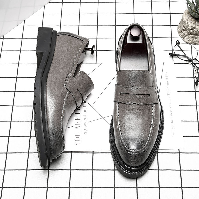 灰色一脚蹬皮鞋男韩版尖头厚底增高鞋青年潮流内增高男鞋免系带,流行男鞋,休闲皮鞋,淘宝优惠券,粉丝福利购,淘宝优惠卷