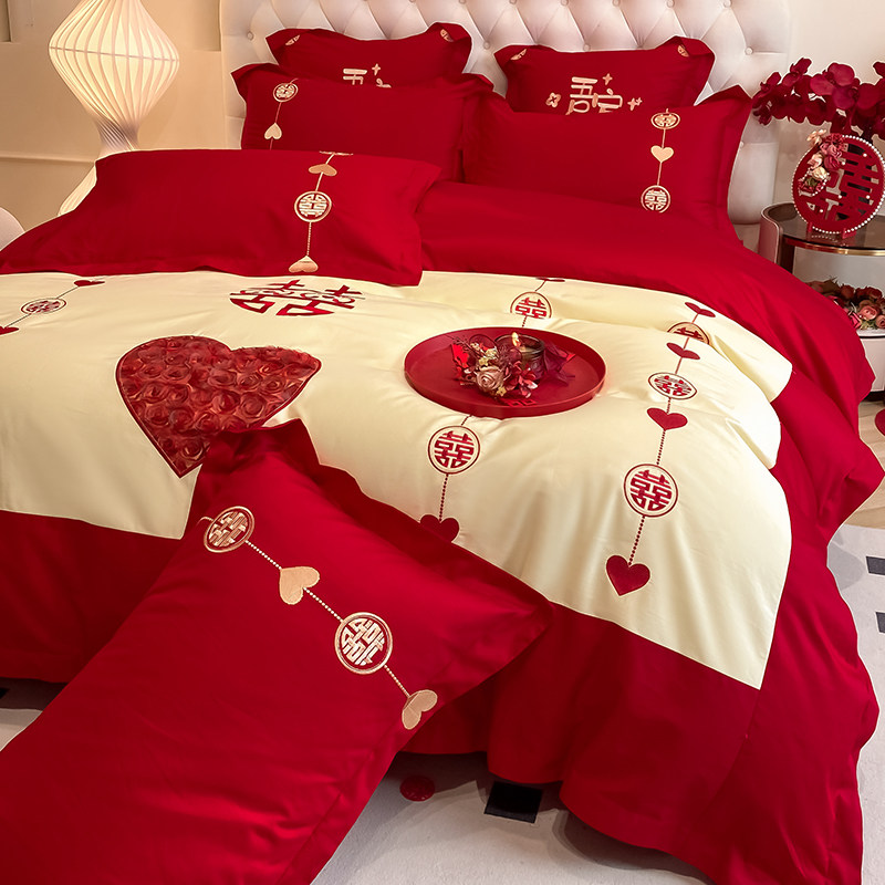 100支婚嫁长绒棉四件套红色新婚庆刺绣花床品喜被纯棉结婚床单1.8,床上用品,床品套件/四件套/多件套,淘宝优惠券,粉丝福利购,淘宝优惠卷