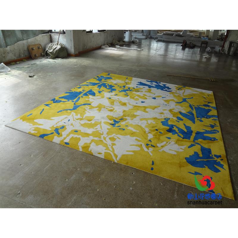 新西兰进口羊毛黄色水墨画轻奢现代中式客厅茶几地毯大厅接待室
