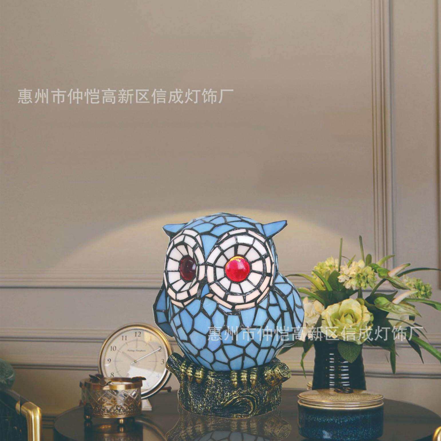 外贸跨境蒂凡尼大号招财天蓝色猫头鹰台灯温馨酒吧餐桌书房氛围灯