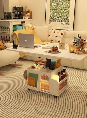 白色升降茶几可折叠餐桌移动推车茶桌茶台两用客厅沙发边柜全实木