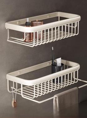 全铜奶油风白色免打孔浴室置物架卫生间浴室收纳架镜前毛巾杆带钩