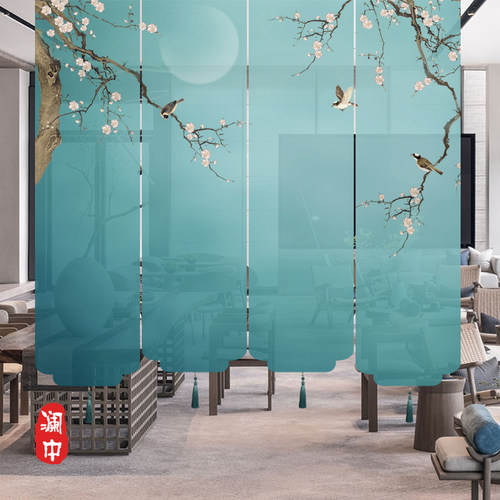 新中式电动透明卷帘窗帘手拉升降客厅茶室玄关屏风隔断帘挂屏花鸟