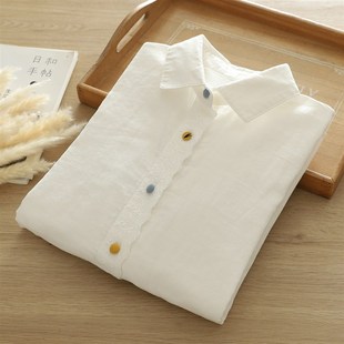 日系文艺小e清新门襟蕾丝彩扣双层棉纱白衬衫女长袖宽松版外穿衬