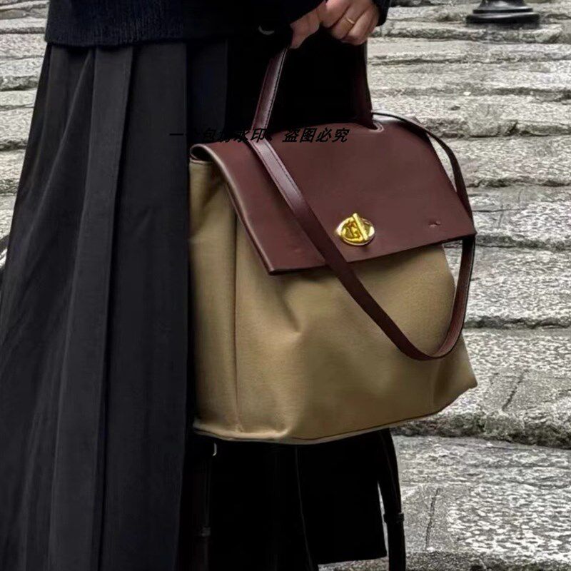 学院风背包帆布拼皮双肩包大容量女可斜挎撞色拼接手提Y单肩书包