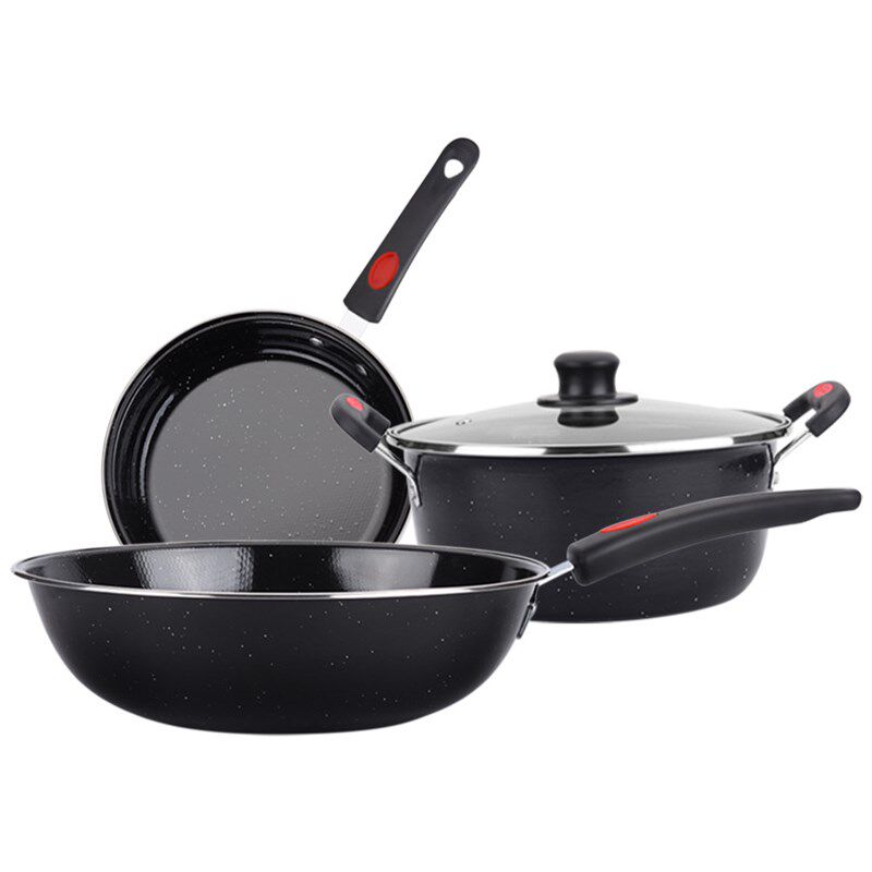 搪瓷麦饭石炒锅三件套家用无涂层不粘厨房三件套锅具套装