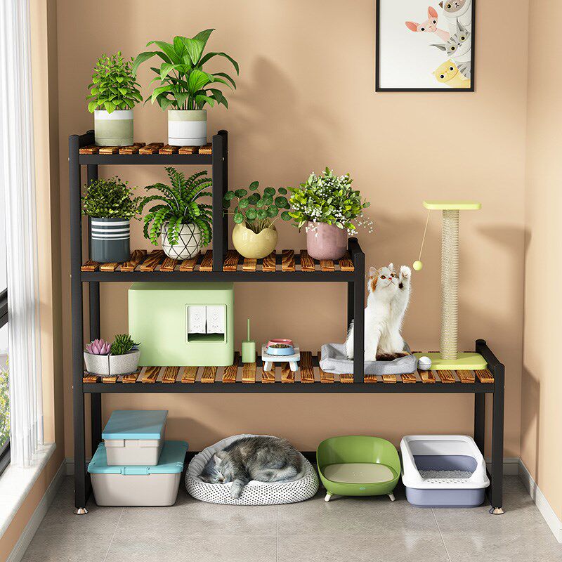 阳台多功b能猫爬架猫砂盆置物架猫咪铁艺花架实木大空间梯形收纳