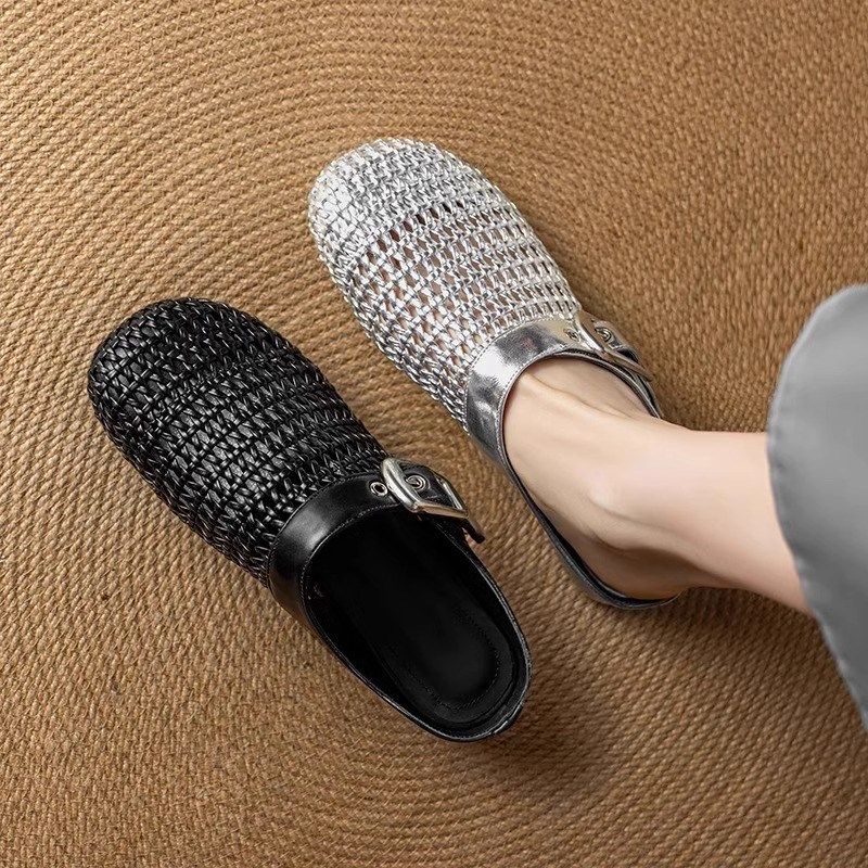 2.5cm高级感编织包头半拖鞋2025新款春夏法式圆头外穿平底凉拖女