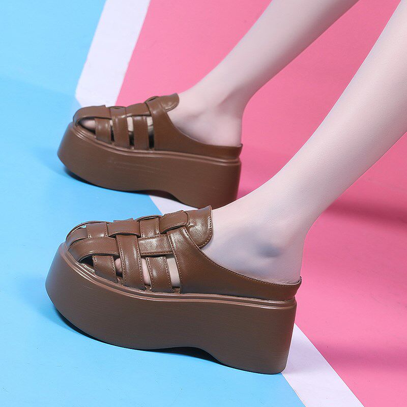 欧货8cm增高编织包头半拖鞋女外穿2025新款小个子厚底沙滩凉拖鞋