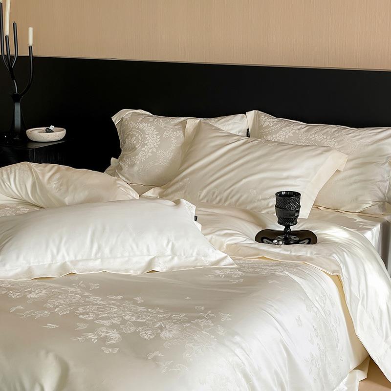 新款60支长绒棉贡缎轻奢风四件套纯色提花被套床单笠法式床上用品