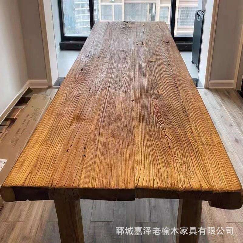 复古老榆木茶桌长方形实木大板桌餐厅吃饭桌椅组合干泡茶台办公桌
