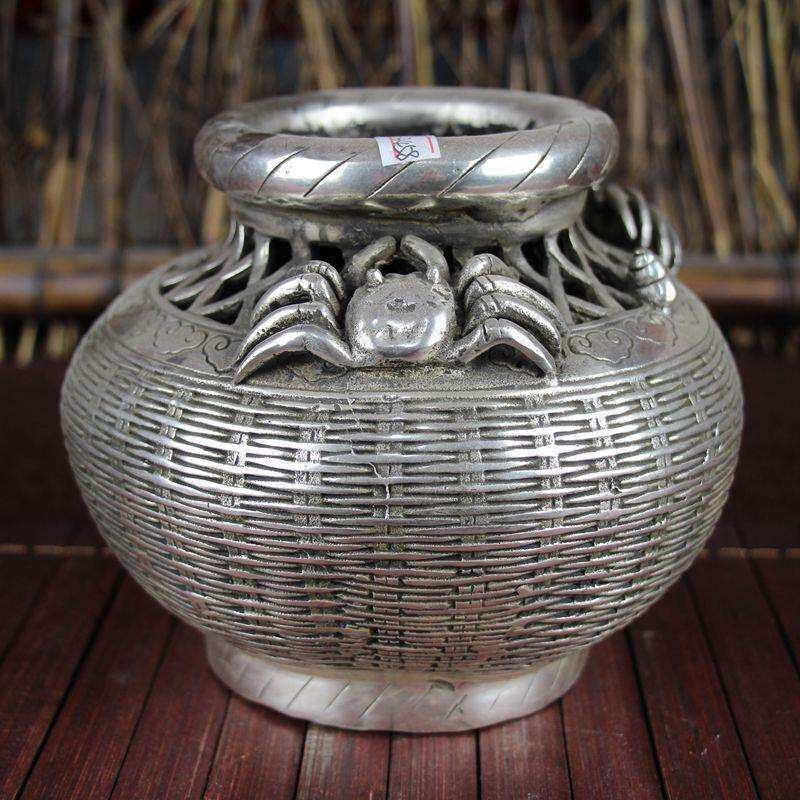 古玩杂项仿古铜器白铜书房居家摆件精品工艺品螃蟹箩筐缸