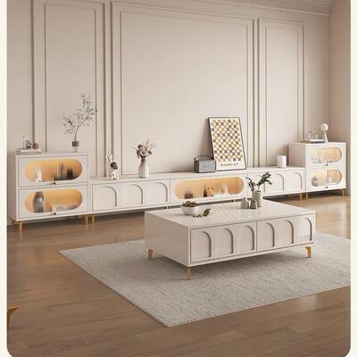 奶油风实木电视柜茶几组合小户型家用电视柜客厅带抽屉茶几