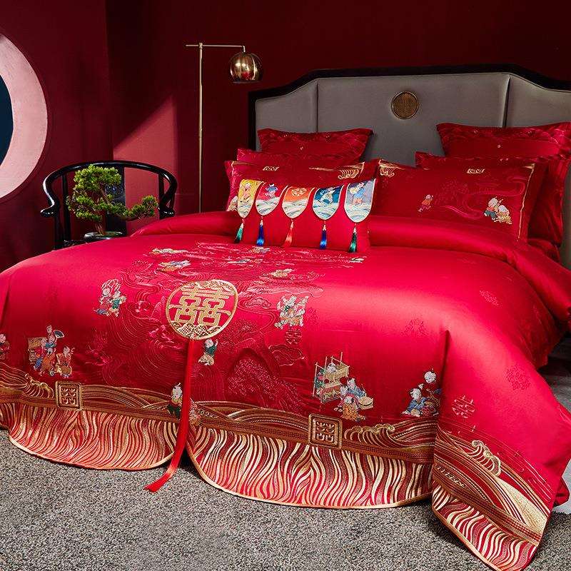 160S双股提花贡缎长绒棉绣花大红四件套高端刺绣全棉婚庆被套结婚