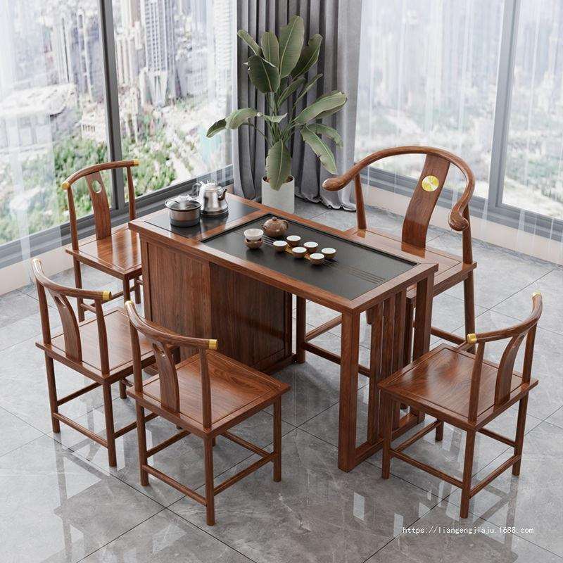 实木茶桌椅一体一整套橡胶木茶台带烧水壶家用阳台石盘