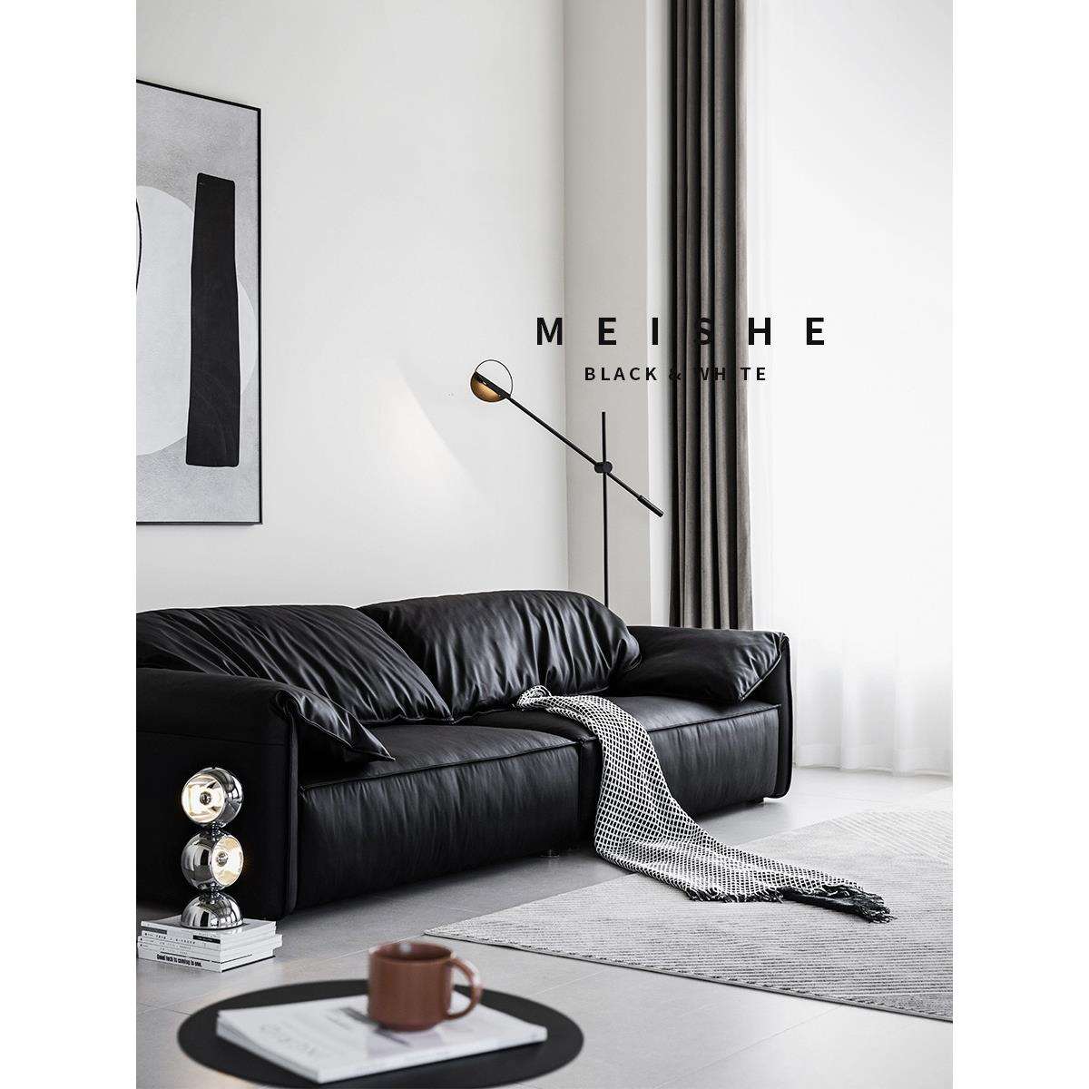 北欧中古baxter大象耳朵沙发可翻折扶手带软靠三人黑色皮沙发