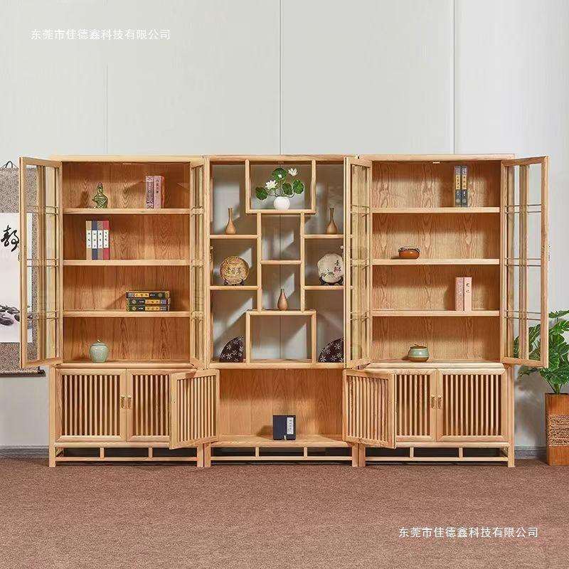 白蜡木书柜带玻璃门新中式实木组合书架原木博古架陈列柜展示柜子