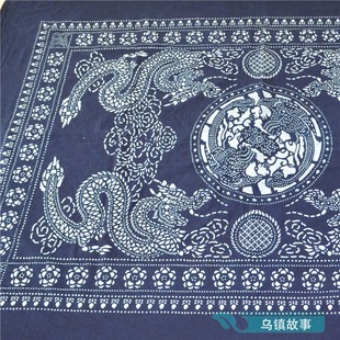 乌镇手工印染蓝印花布全棉桌布西餐桌桌布双龙140*200台布