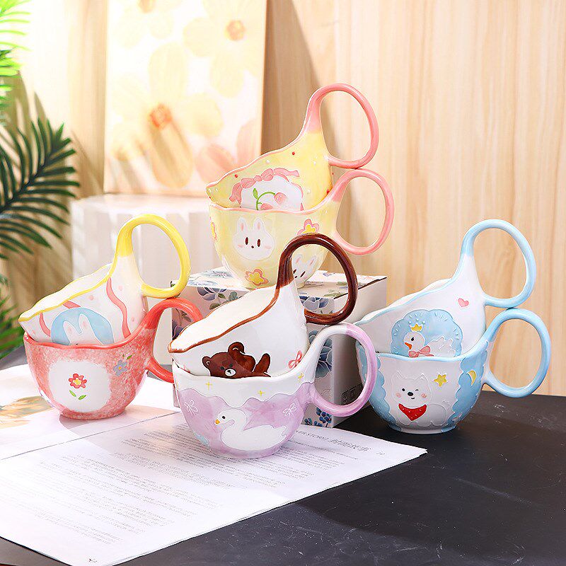 女生高颜值可爱曲把杯陶瓷马克z杯咖啡杯大容量早餐燕麦杯釉下彩