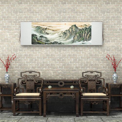 《旭日东升》有山无水迎客v松客厅背景墙装饰挂画高清横卷轴字画