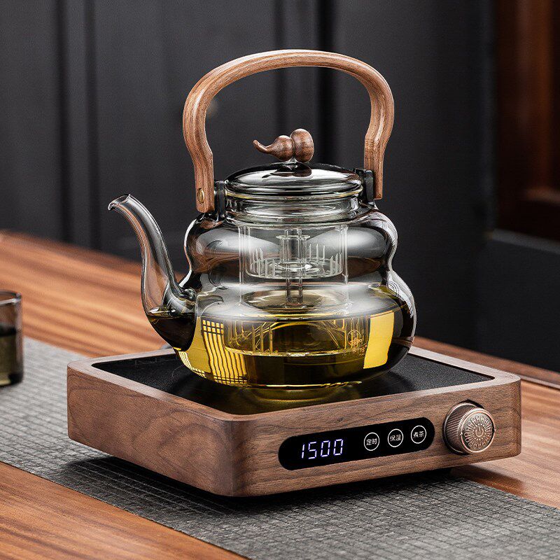 新款北美胡桃木j黑晶炉煮茶壶耐热玻璃蒸煮一体烧水上水煮茶器套