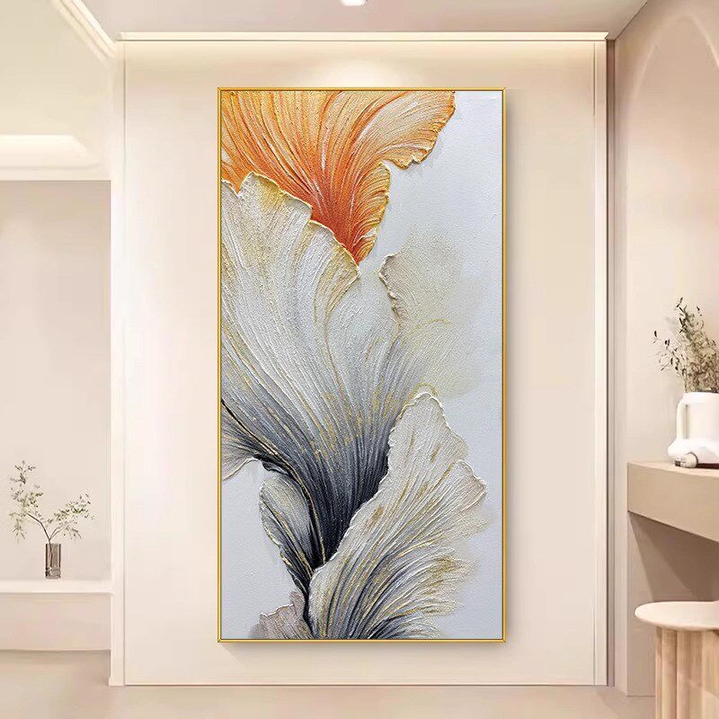 新款现代《幸福花伴》银杏玄关挂画竖版客厅背景墙装饰画肌理壁画