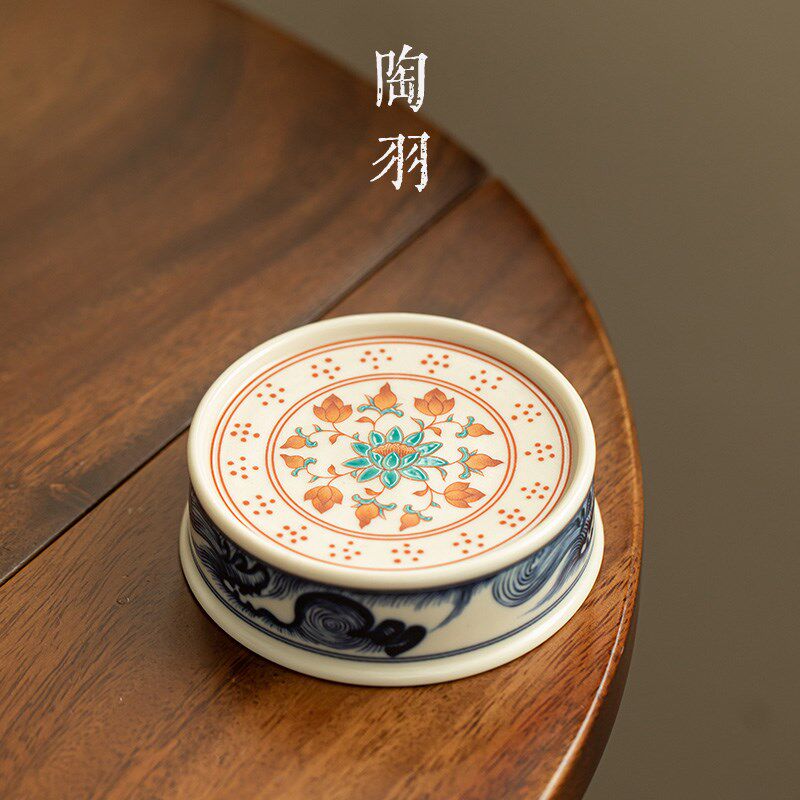 仿古红绿彩缠枝莲纹陶瓷盖置高端功夫茶具M配件茶桌摆件茶壶盖托