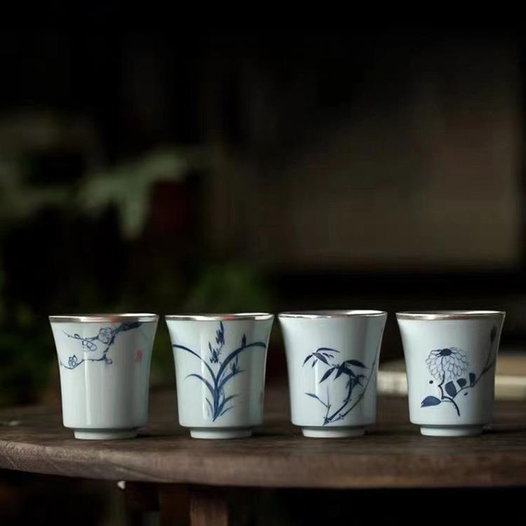 宁暄 鎏银青花陶瓷茶杯手绘功夫品茗杯复古主人杯单杯盏品杯