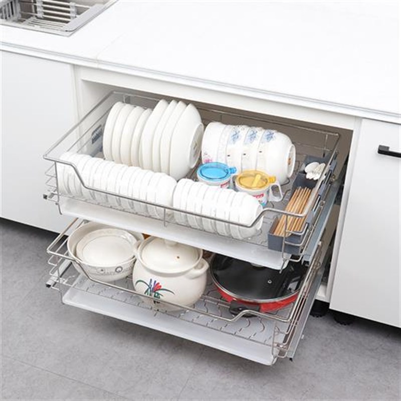 新款碗篮拉篮抽屉式双层304不锈钢橱柜沥水篮滤水收纳调味碗碟架