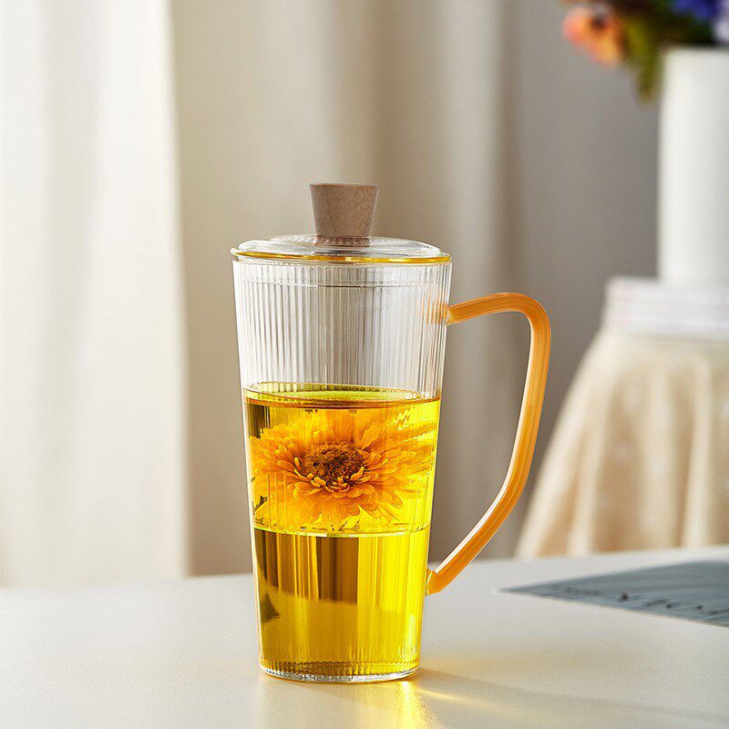 竖纹玻璃茶杯大号办公室泡茶杯耐热茶水分离水杯子男女绿茶花茶杯