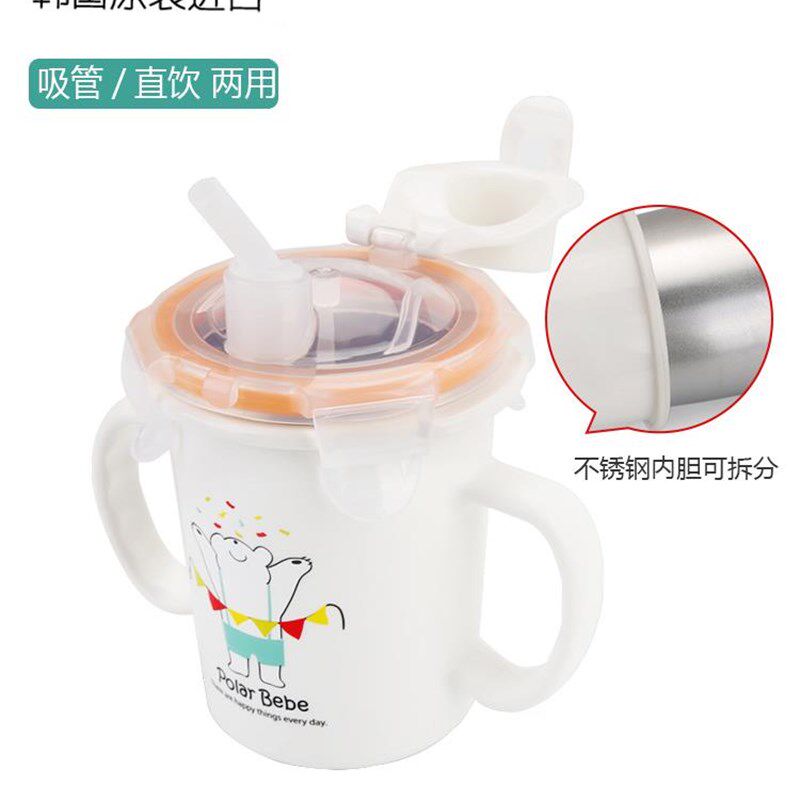 儿童水杯家用喝水吸管杯不锈钢带刻度吸管牛奶杯S防摔双耳宝宝杯