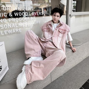 2024夏装g美式小众做旧局部漂白磨破牛仔马甲套装男设计感阔腿长