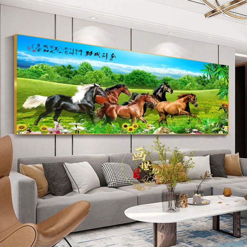 马到成功挂画新中式客厅装饰画办公室墙画横版大气晶瓷有框画单幅
