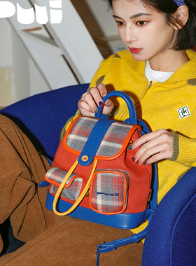 Puui原创生活双肩包美式复古格纹抽绳束口包高级感ins翻盖小背包