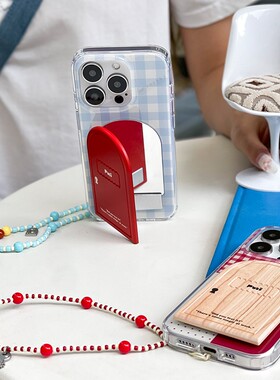 Puui原创魔术门苹果镜面手机壳17promax小众格纹磁吸支架16苹果15promax可爱ins风带支架14promax全包保护壳