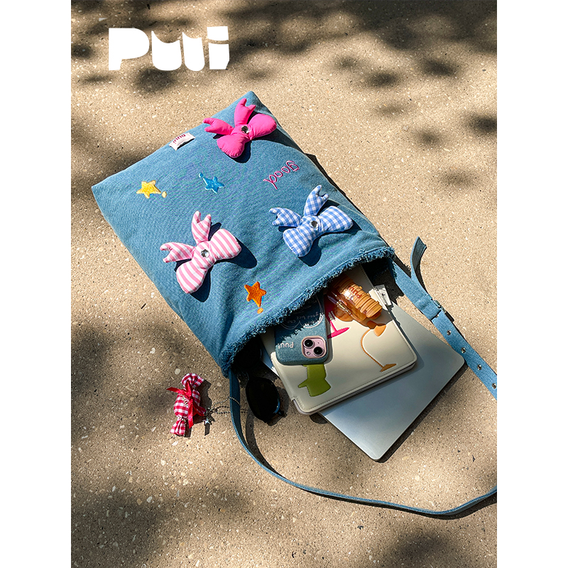 Puui原创春夏大容量牛仔托特包可爱蝴蝶结单肩包女可斜挎ins风