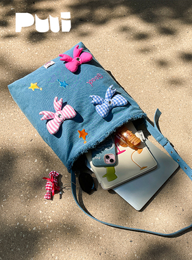 Puui原创春夏大容量牛仔托特包可爱蝴蝶结单肩包女可斜挎ins风