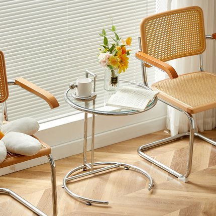 升降小茶几网红ins不锈钢中古玻璃E边几简约现代圆形阳台沙发角几