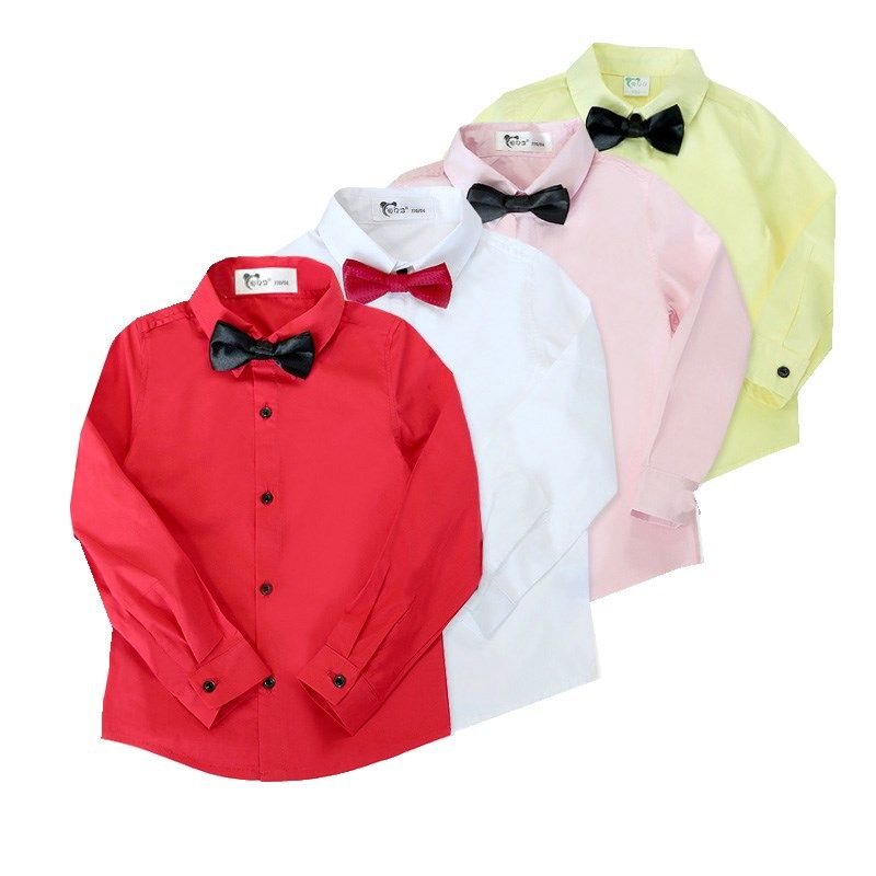 男童白衬衫儿童长袖生日花童春秋合唱表演红白多V色衬衣花童校服