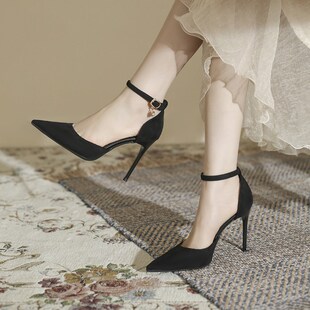 小码313233包头凉鞋女一字扣带黑色D中空少女细跟高跟鞋大码41一4