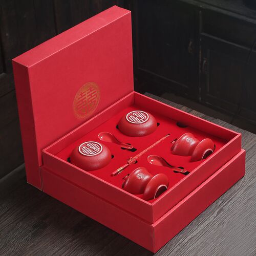 结婚敬茶杯茶具茶碗套装改口敬茶碗喜庆红色盖碗茶杯W一对喜碗对