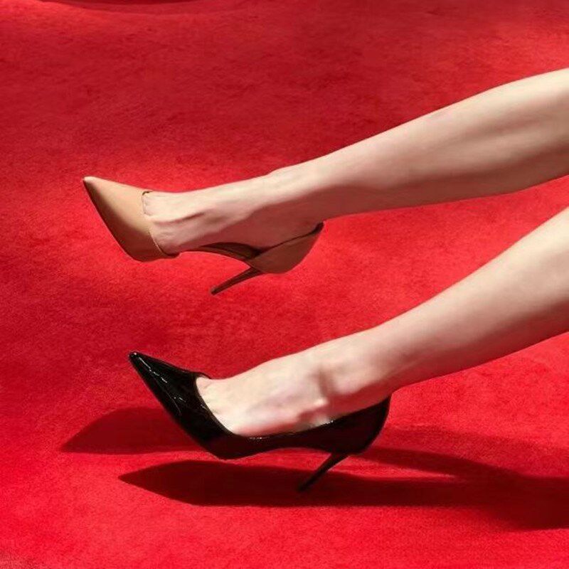 裸色高跟鞋e女细跟2024年新款红底鞋尖头浅口气质漆皮侧空单鞋瓢