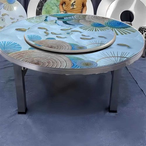 1.5米~2米特大特粗80方管桌腿不锈钢彩图外置转盘连体圆桌折叠桌