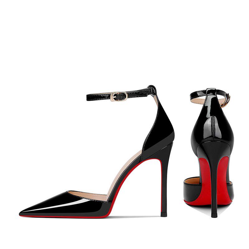 红底2025夏季新款黑色漆皮高级C感百搭御姐不累脚尖头细跟高跟鞋