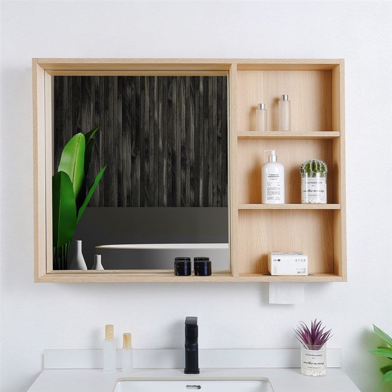 原木色浴室镜柜单独镜子卫生间挂墙式I洗手间实木储物柜定制尺寸