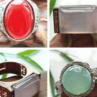 天然绿红粉玉髓戒指银饰玫瑰金镶嵌玛瑙葡萄玉椭圆长方形戒面男女