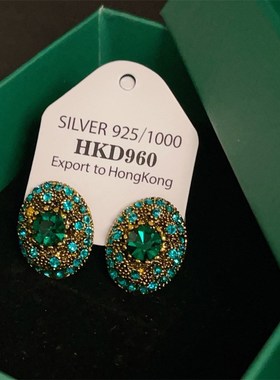 绿色重工宝石耳钉中古法式几何形C高档耳饰圆形复古925银针轻奢