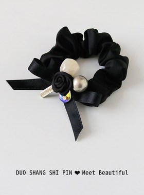 法式玫瑰花珍珠大肠发圈女高级感黑色F头绳丸子头皮筋扎头马尾发